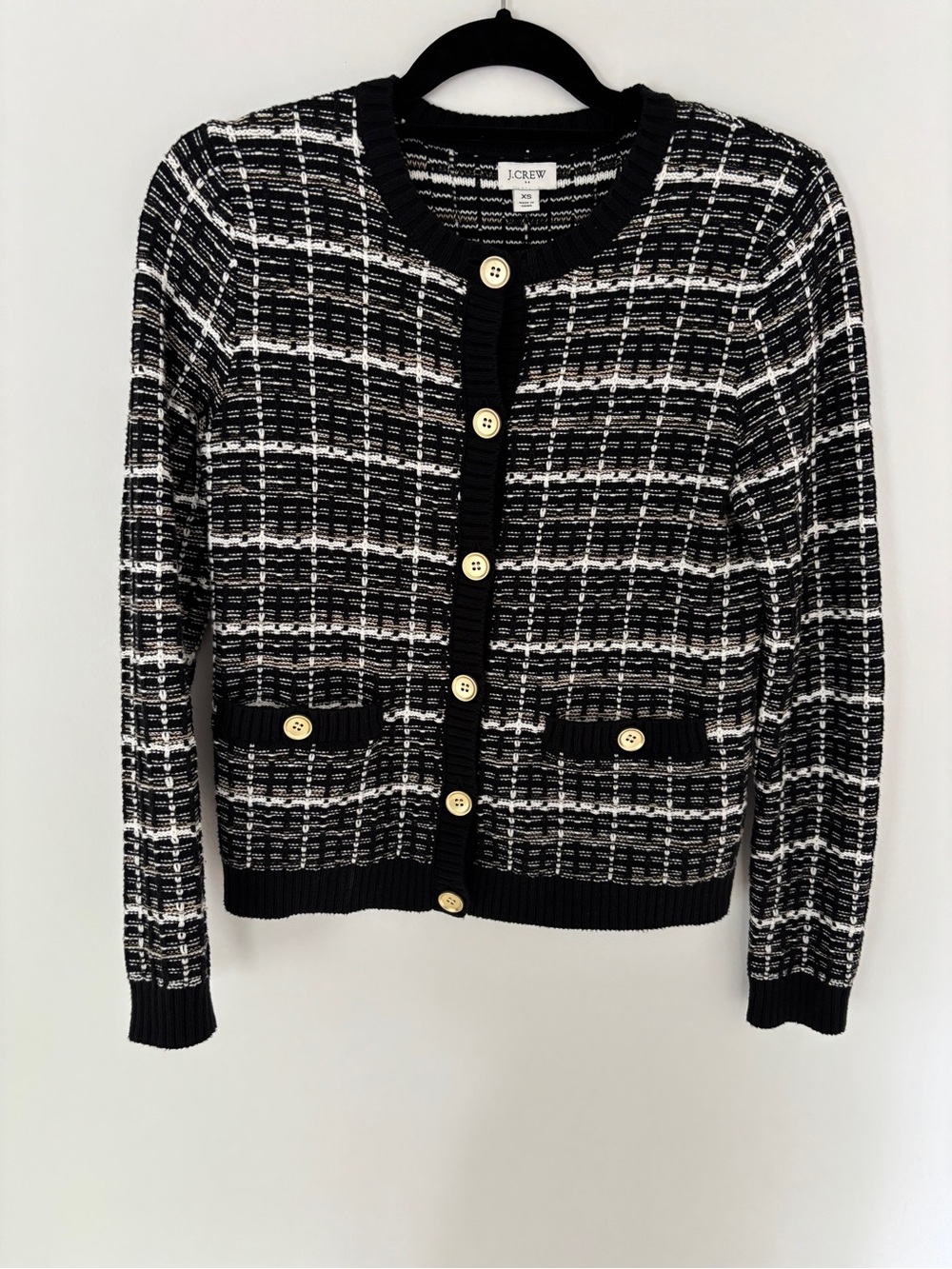 J. Crew Black and White Plaid Cardigan with Gold Buttons